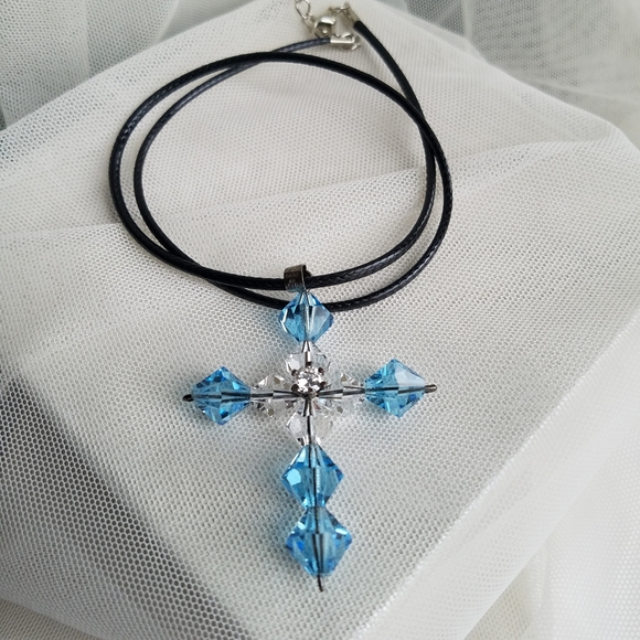 Swarovski Elements Large Aquamarine Cross Pendant Necklace on Black Cotton Cord - Picture 1 of 12